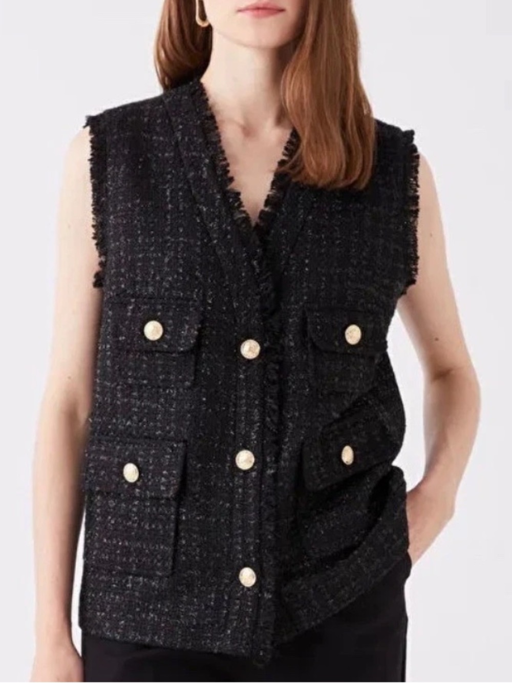 Hazel Black Tweed Boucle Vest Gold Button Frayed Trim Sleeveless Vest Luxury XL